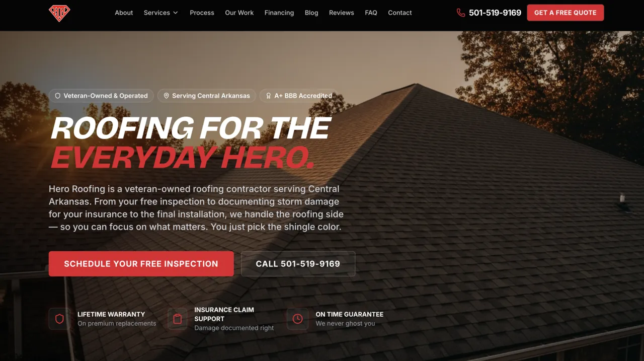 Hero Roofing Arkansas website — a real site we built and keep improving